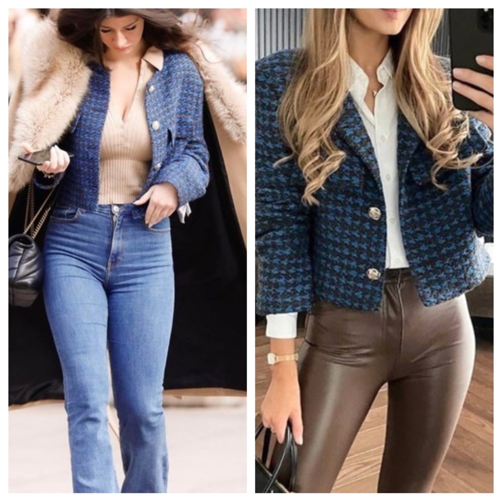 NWT! Zara Blazer Textured Houndstooth Round Neck Blue Brown Blogger Fave
